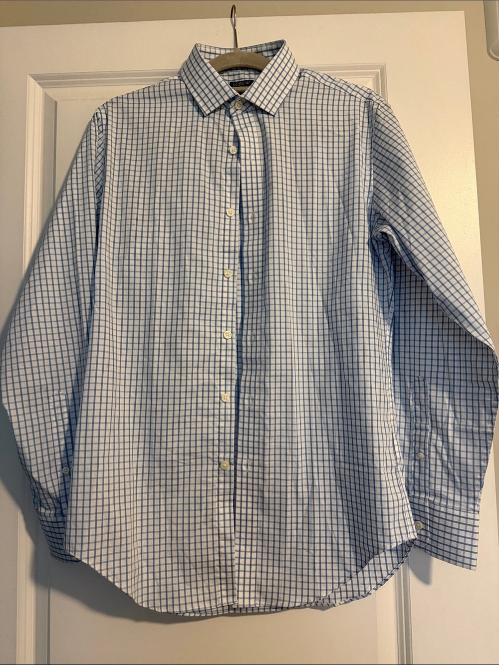 J. Crew Men's Light Blue and White Checked Dress Shirt